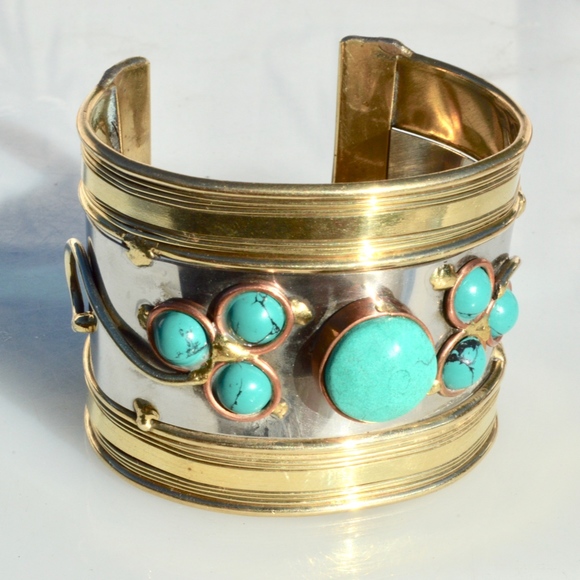 Turquoise Copper Brass Wide Cuff Bracelet Silver - Picture 4 of 8